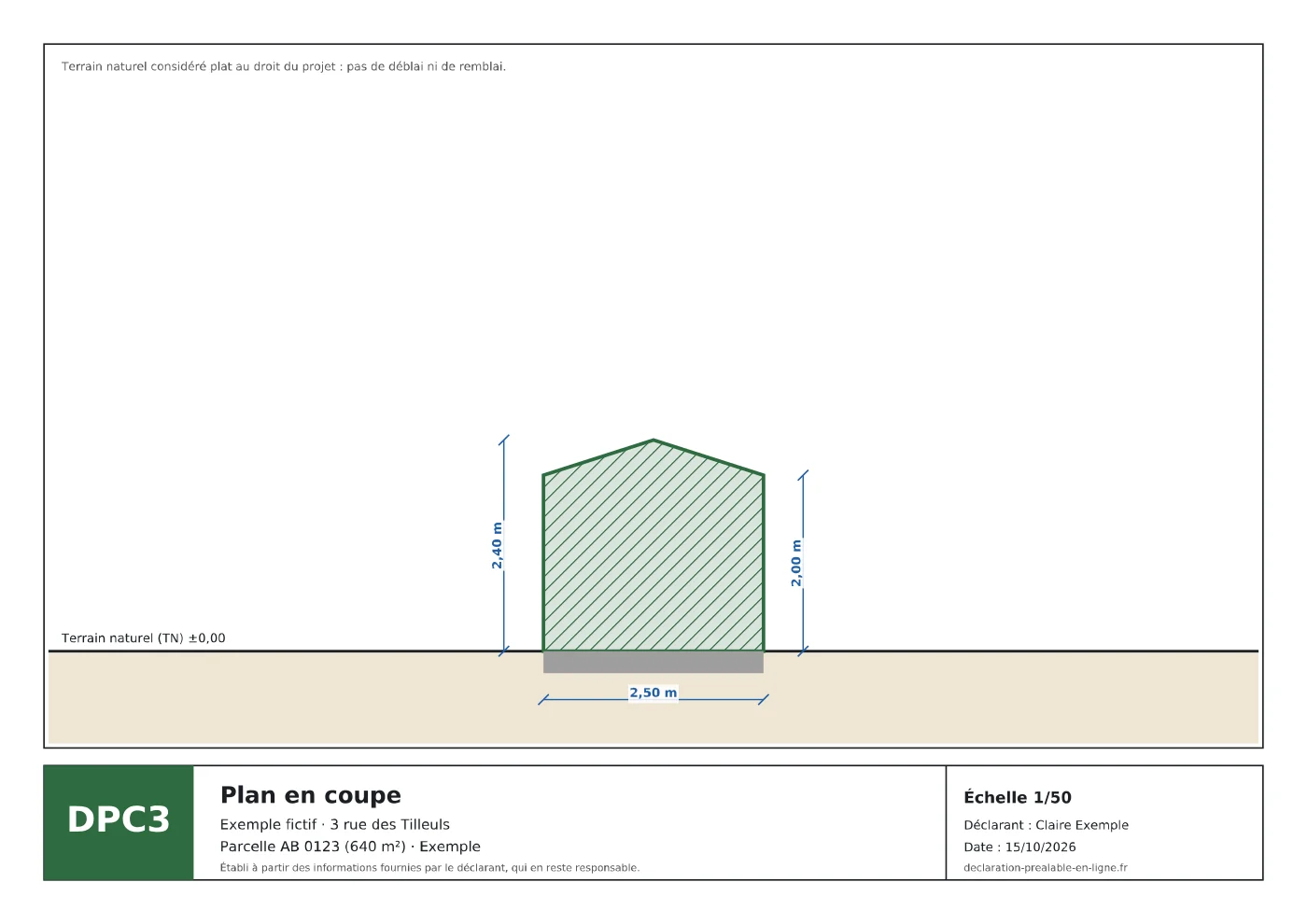 Exemple fictif de plan en coupe (DPC3) d’un abri de jardin par rapport au terrain naturel