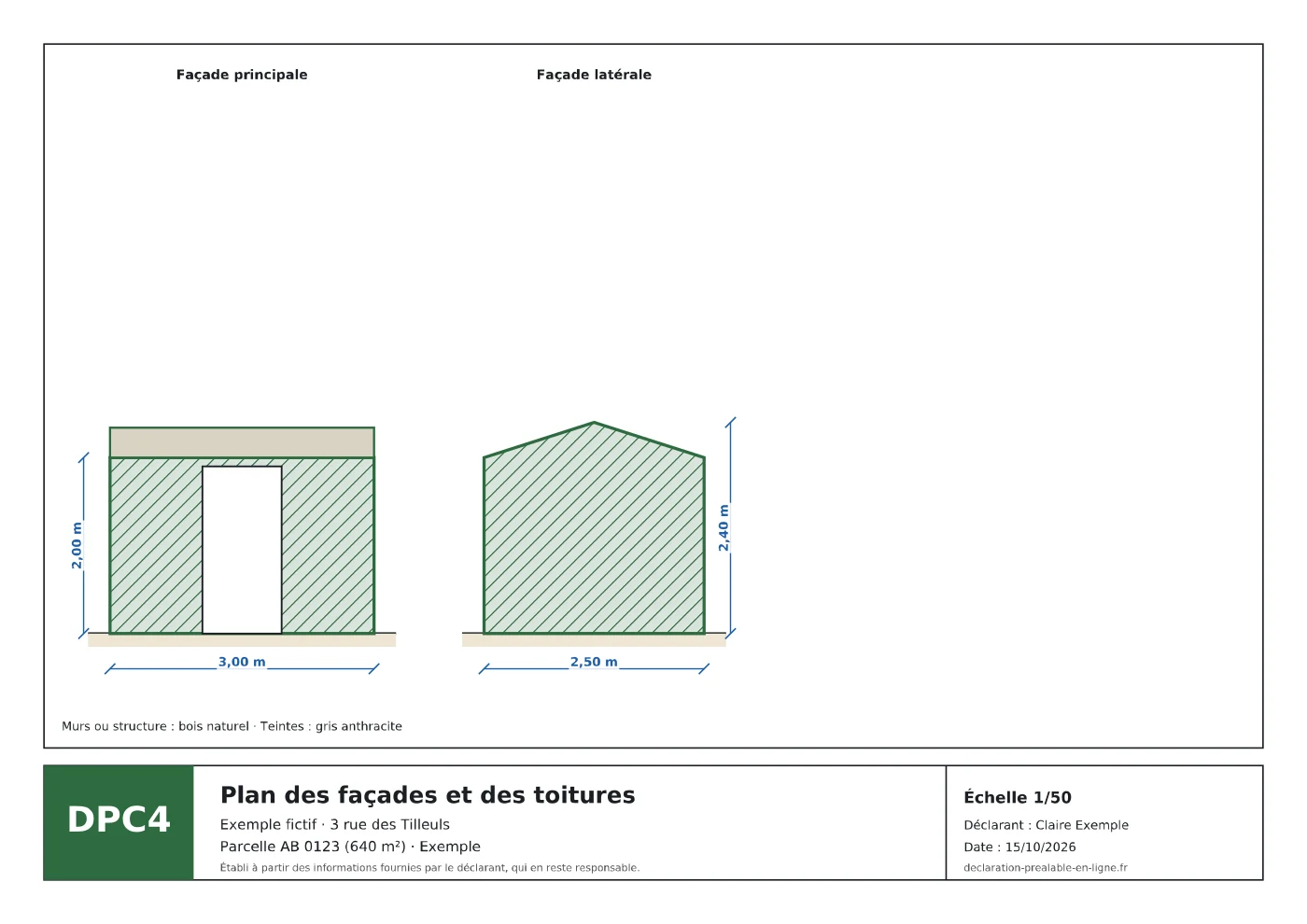 Exemple fictif de plan des façades et des toitures (DPC4) d’un abri de jardin