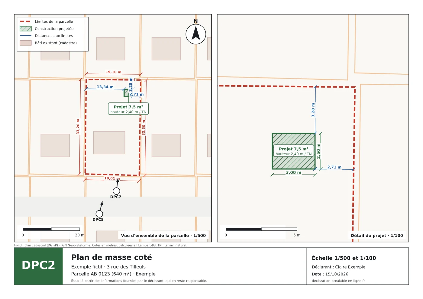 Exemple fictif de plan de masse coté (DPC2) d’un abri de jardin, avec les distances aux limites
